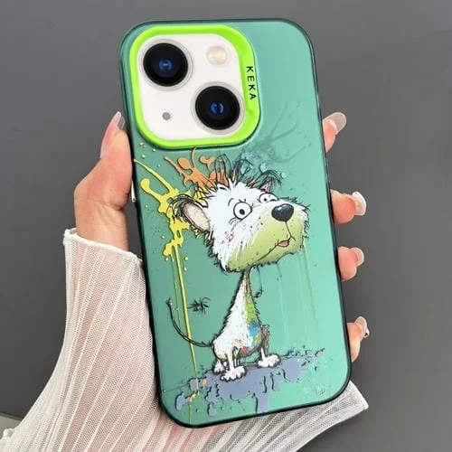 Funda para Teléfono iPhone 14 Imd Animal Graffiti TPU + PC Doble Cara (Perro Verde Blanco Derretido)