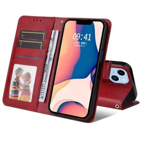 Funda para Teléfono iPhone 14 Jsm Cuero Textura de Becerro (Rojo)