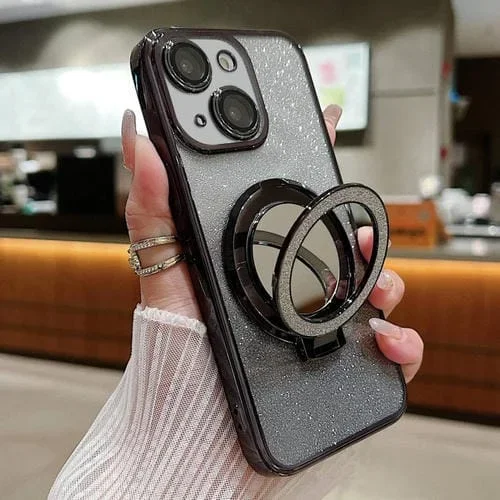 Funda para Teléfono iPhone 14 Magsafe Soporte Espejo Plateado Brillo Degradado (Negro)