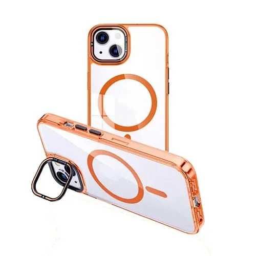 Funda para Teléfono iPhone 14 Magsafe Transparente con Soporte Invisible Magnético (Naranja)