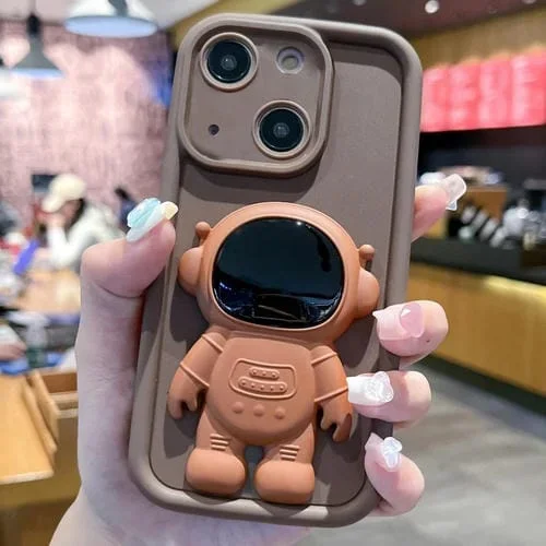 Funda para Teléfono iPhone 14 Plus Astronaut 3D Relief Holder TPU + PC Cobertura Total (Marrón)