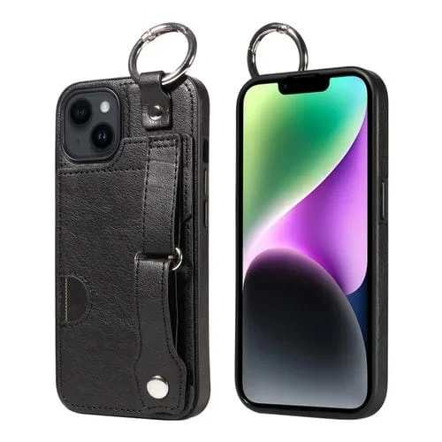 Funda para Teléfono iPhone 14 Plus con Anillo y Ranura para Tarjeta Textura de Pantorrilla (Negro)