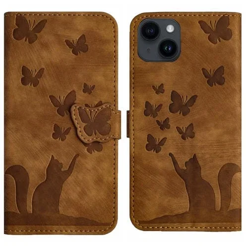 Funda para Teléfono iPhone 14 Plus Cuero con Tapa y Estampado de Gato Mariposa (Marrón)
