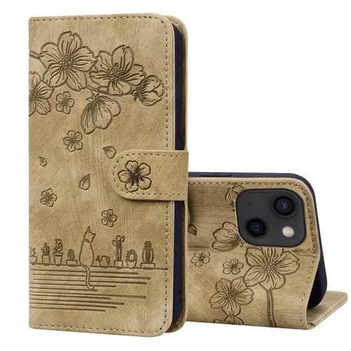 Funda para Teléfono iPhone 14 Plus Cuero Relieve Gato Sakura Dibujos Animados (Marrón)