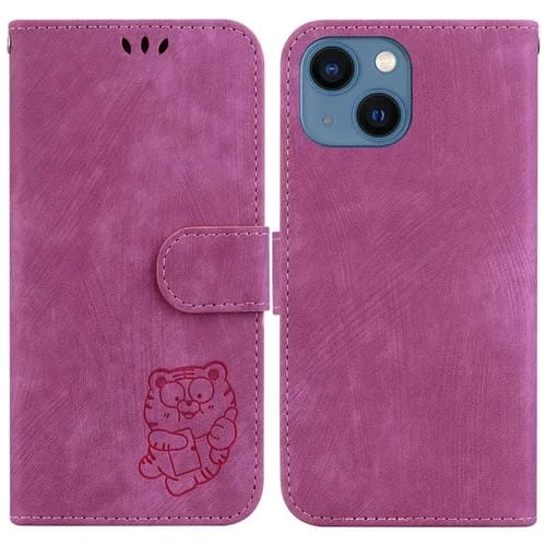 Funda para Teléfono iPhone 14 Plus Cuero Relieve Little Tiger (Rojo Rosa)