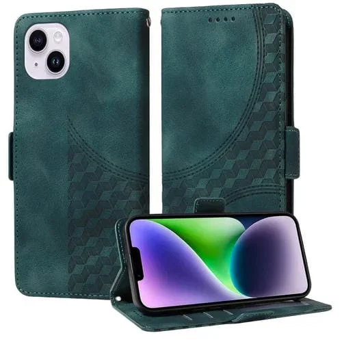 Funda para teléfono iPhone 14 Plus de cuero estrellado con rombo en relieve (Verde)