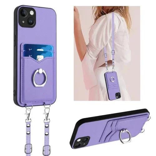 Funda para Teléfono iPhone 14 Plus R20 con Soporte para Tarjeta y Anillo de Cuerda Cruzada (Púrpura)