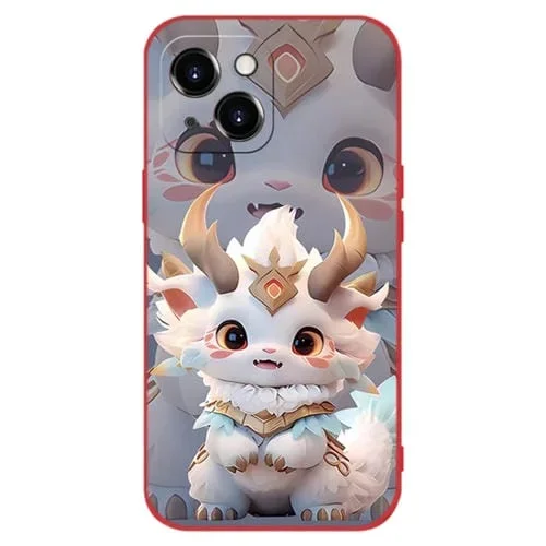 Funda para Teléfono iPhone 14 Plus Silicona Roja a Prueba de Golpes (Dragón Blanco)