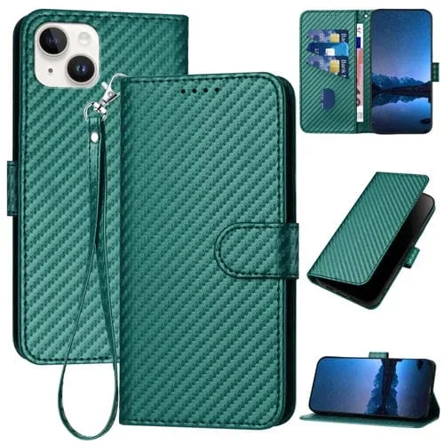 Funda para Teléfono iPhone 14 Plus Yx0070 Cuero Hebilla de Fibra de Carbono Cordón (Verde Oscuro)
