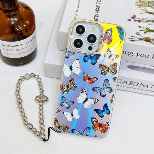 Funda para Teléfono iPhone 14 Pro con Diseño de Mariposa Galvanoplastia Láser y Correa para Muñeca (Mariposas de Colores)