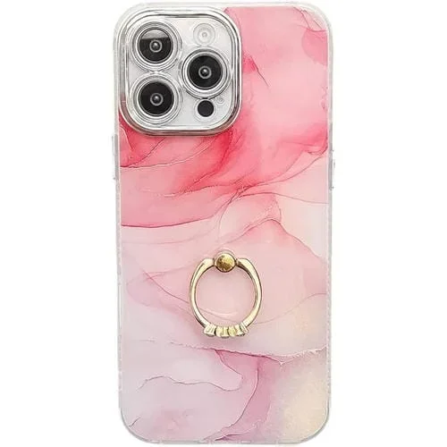 Funda para Teléfono iPhone 14 Pro con Soporte de Anillo Textura Mármol Galvanizado (Rosa S2)