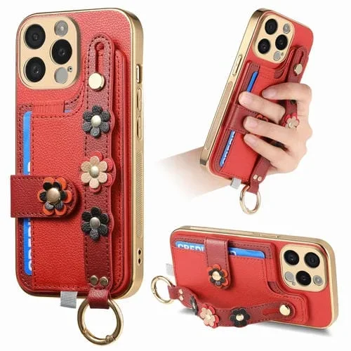 Funda para Teléfono iPhone 14 Pro Flores Estereoscópicas Pulsera Bolsa para Tarjeta (Rojo)
