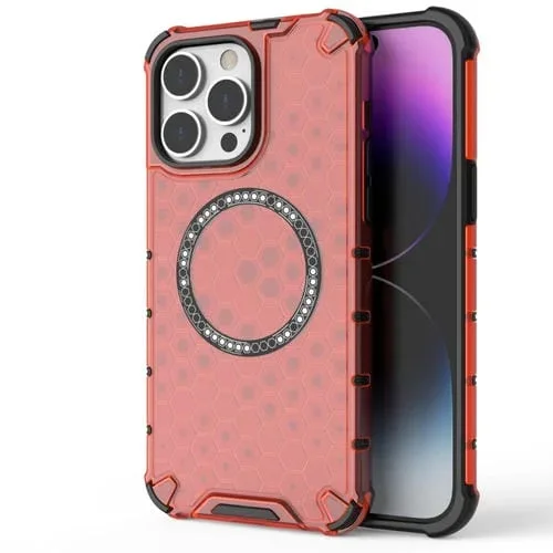 Funda para Teléfono iPhone 14 Pro Honeycomb Magnetic Ring a Prueba de Golpes (Rojo)
