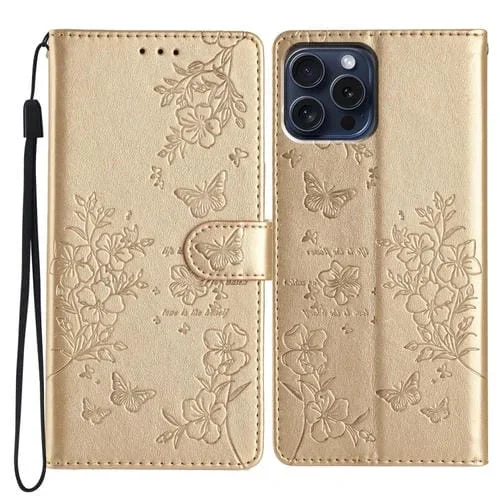 Funda para teléfono iPhone 14 Pro Max Butterfly Love Flower Cuero En Relieve (Dorado)