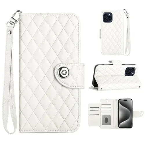 Funda para Teléfono iPhone 14 Pro Max con Tapa de Cuero Textura Rómbica y Cordón (Blanco)