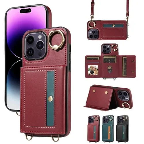 Funda para Teléfono iPhone 14 Pro Max Cuero con Soporte Anillo y Bolso Cruzado para Tarjeta (Rojo)
