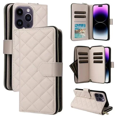 Funda para Teléfono iPhone 14 Pro Max Cuero Hebilla Torre Cremallera Rombal Cruzada Cordón (Beige)