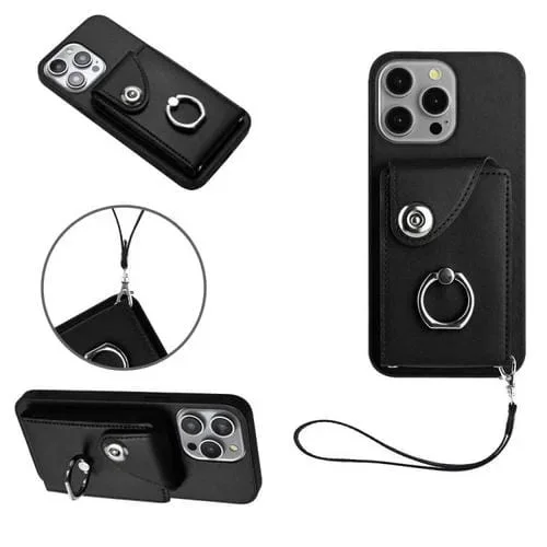 Funda para Teléfono iPhone 14 Pro Max de PU con Soporte para Anillo y Bolsa para Tarjeta con Cordón (Negro)