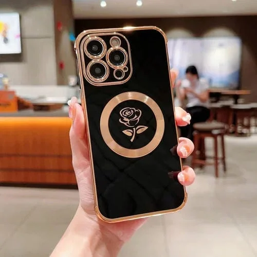 Funda para Teléfono iPhone 14 Pro Max Electroplate Side Roses Flower Magsafe (Negro)