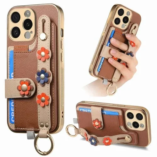 Funda para Teléfono iPhone 14 Pro Max Flores Estereoscópicas Pulsera Bolsa para Tarjeta (Marrón)