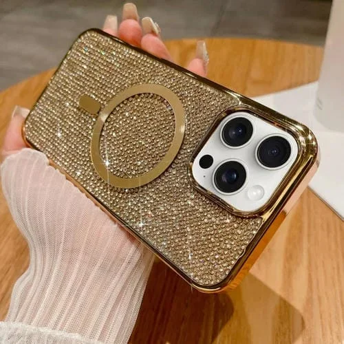 Funda para Teléfono iPhone 14 Pro Max Magsafe Chapada en Diamantes (Dorado)
