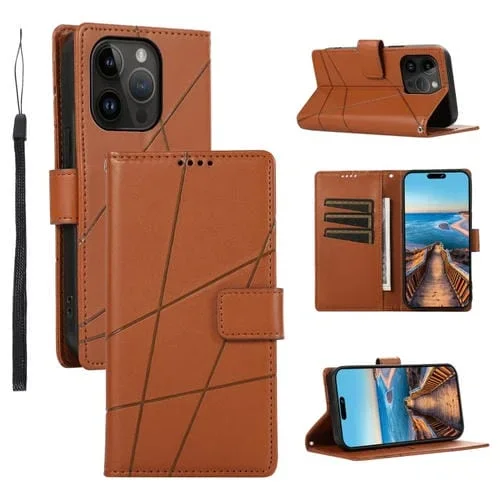 Funda para Teléfono iPhone 14 Pro Max PU con Línea en Relieve Textura Cuero Genuino (Marrón)
