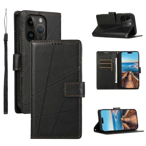 Funda para Teléfono iPhone 14 Pro Max PU con Línea en Relieve y Textura de Cuero Genuino (Negro)