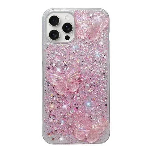 Funda para Teléfono iPhone 14 Pro Max TPU Epoxi Mariposas de Cristal Lentejuelas Estrelladas (Rosa)