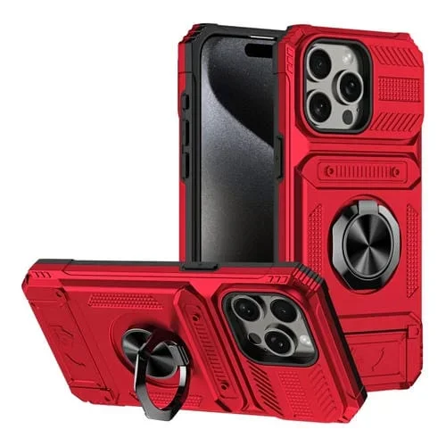 Funda para Teléfono iPhone 14 Pro Max TPU + PC con Tarjeta y Soporte Anillo Metal (Rojo)