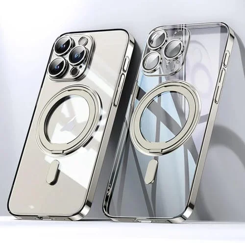 Funda para Teléfono iPhone 14 Pro Plating PC 360 Ring Holder Magsafe (Oro Transparente)