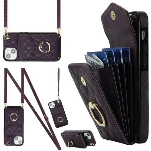 Funda para Teléfono iPhone 14 Rhombic Texture Card Bag con Cordón Largo (Púrpura Oscuro)