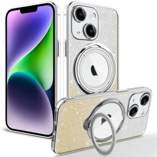 Funda para Teléfono iPhone 14 Rotación Magsafe Holder Gradient Glitter TPU (Oro)