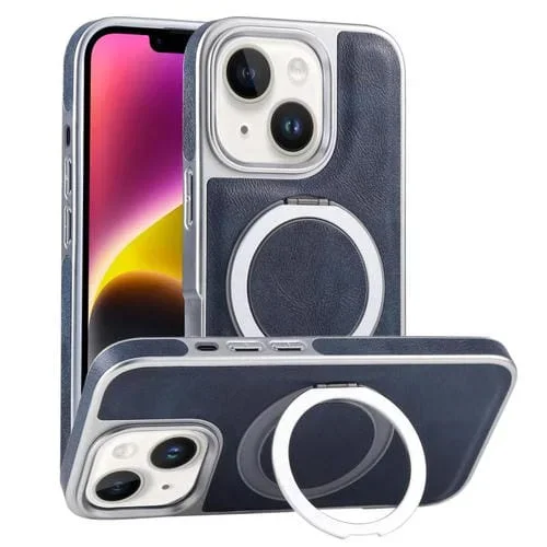 Funda para Teléfono iPhone 14 Soporte Magsafe Giratorio Piel Granulada Chapada (Azul)