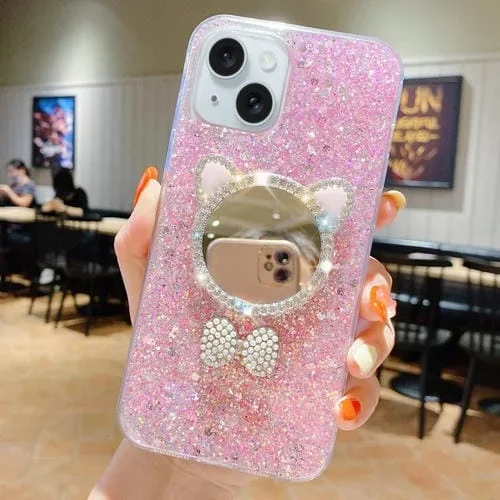 Funda para Teléfono iPhone 14 TPU Epoxi Espejo Orejas de Gato Lentejuelas Estrelladas (Rosa)