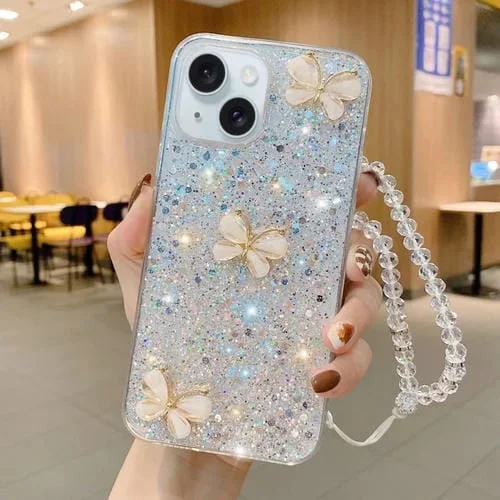 Funda para Teléfono iPhone 14 TPU Epoxi Mariposa de Jade Lentejuelas Estrelladas con Correa (Plateada)