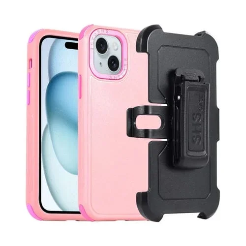 Funda para Teléfono iPhone 15 3 En 1 PC y TPU con Funda Deslizante (Rosa + Rojo Rosa)
