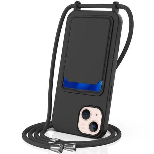 Funda para Teléfono iPhone 15 Bolsa para Tarjeta Integrada Silicona Líquida con Cordón (Negro)