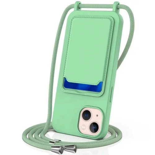Funda para Teléfono iPhone 15 Bolsa para Tarjeta Integrada Silicona Líquida con Cordón (Verde)