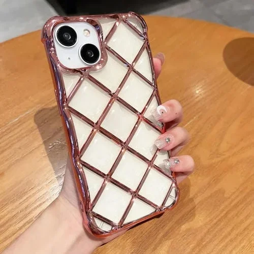 Funda para Teléfono iPhone 15 con Grabado Láser de Celosía de Diamantes 3D (Rosa)