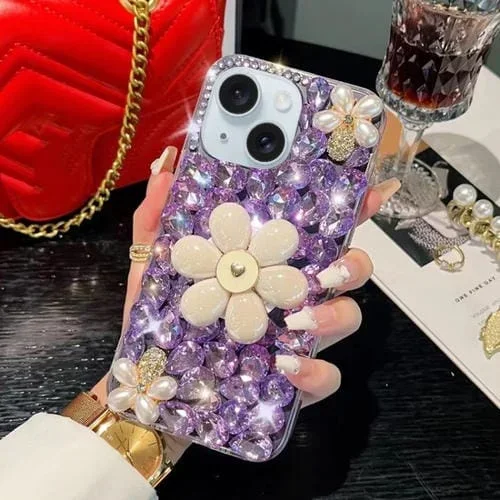 Funda para Teléfono iPhone 15 con Soporte de Girasol y PC con Diamantes Colocados a Mano (Púrpura)