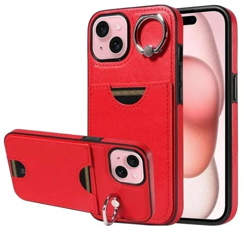Funda para Teléfono iPhone 15 con Soporte para Anillo y Ranura para Tarjeta (Rojo)