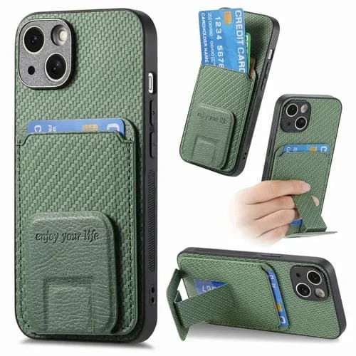 Funda para Teléfono iPhone 15 con Soporte Plegable y Bolsa para Tarjetas Fibra de Carbono (Verde)