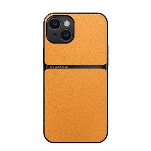 Funda para Teléfono iPhone 15 con Tapa Magnética Piel de Lichi a Prueba de Golpes (Amarilla)