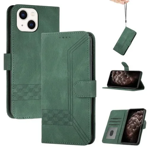 Funda para Teléfono iPhone 15 Cubic Skin Feel Cuero con Tapa (Verde)