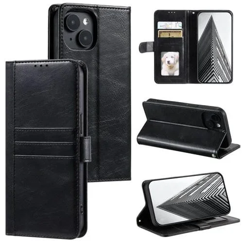 Funda para Teléfono iPhone 15 Cuero con Billetera para 6 Tarjetas (Negro)