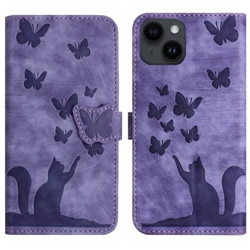 Funda para Teléfono iPhone 15 Cuero con Tapa y Estampado de Gato Mariposa (Púrpura)