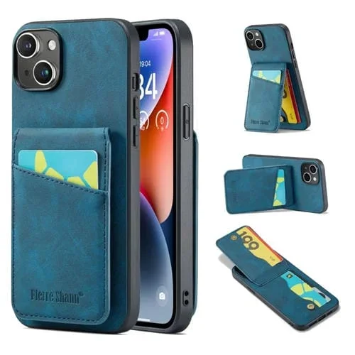 Funda para Teléfono iPhone 15 Fierre Shann Crazy Horse Titular de Tarjeta Contraportada Pu (Azul)