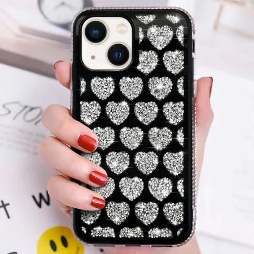 Funda para Teléfono iPhone 15 Love Hearts Diamond Mirror TPU (Negro)
