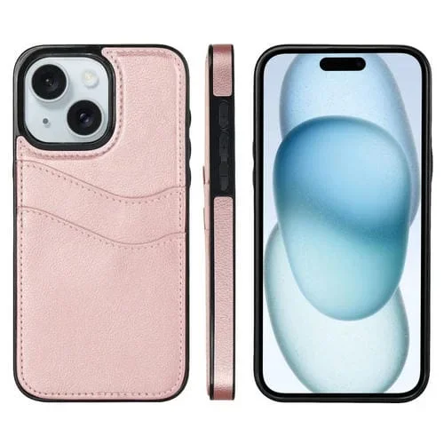 Funda para Teléfono iPhone 15 Piel de Cuero Litchi con Ranuras para Tarjetas (Oro Rosa)