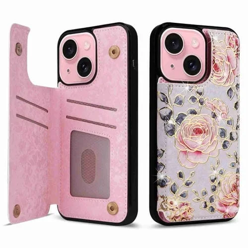 Funda para Teléfono iPhone 15 Plus Antirrobo Rfid con Doble Hebilla Impresa (Rosa Pastoral)